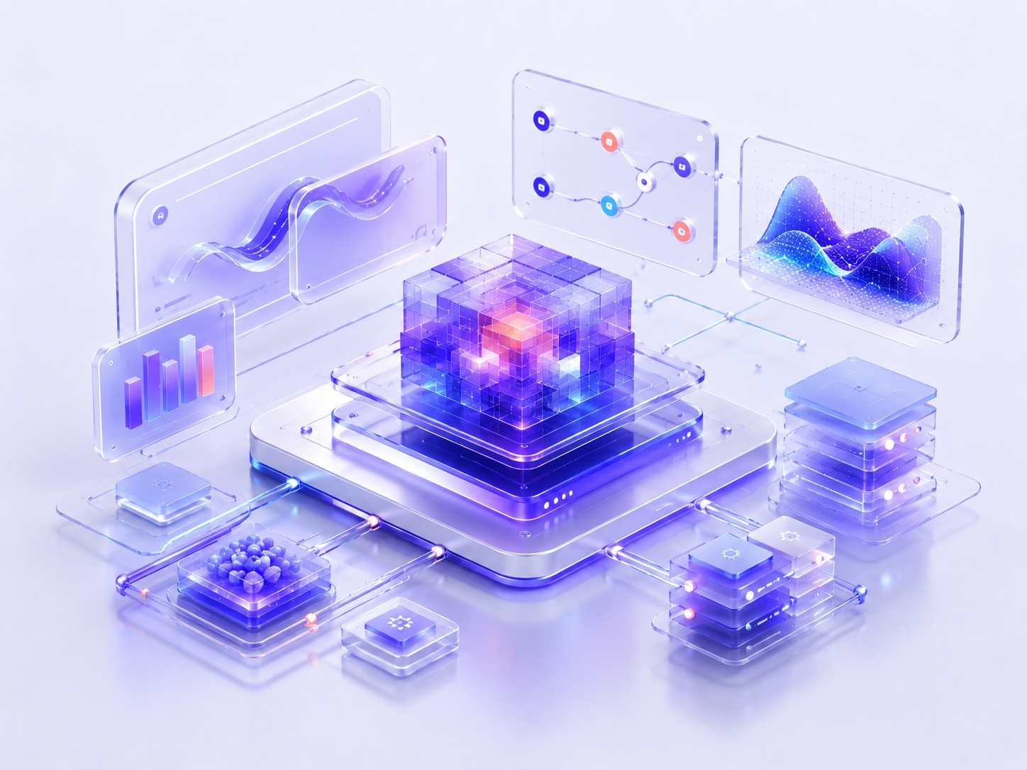 AI product platform with model blocks, analytics panels, and connected software components