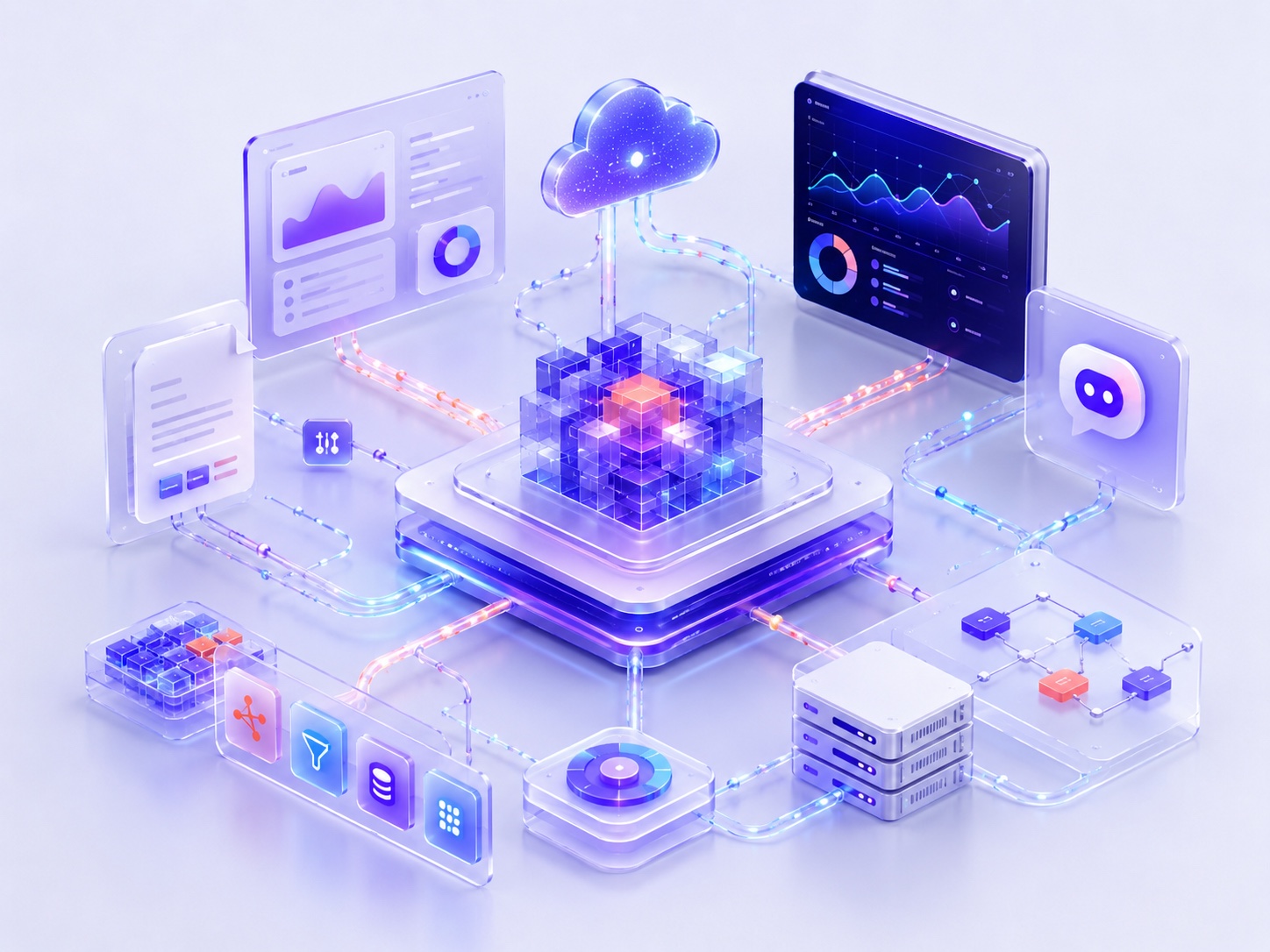 Connected AI software ecosystem linking apps, APIs, cloud systems, and automation workflows